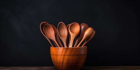 Wooden Top view of wooden bowl on kitchen counter   wooden spoons at left side of  wooden table background. AI Generative. - obrazy, fototapety, plakaty