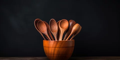 Fotobehang Wooden Top view of wooden bowl on kitchen counter   wooden spoons at left side of  wooden table background. AI Generative. © Ishia