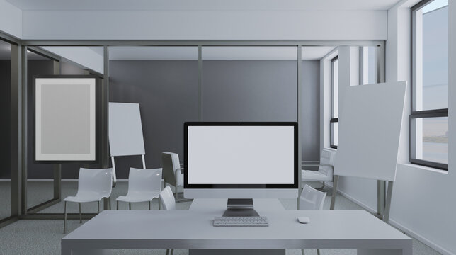 Elegant office interior. Mixed media. 3D rendering.. Mockup.   Empty paintings