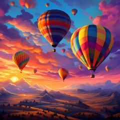 Cluster of hot air balloons drifting against a vibrant evening sky.