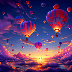 Cluster of hot air balloons drifting against a vibrant evening sky.