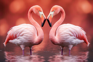 Naklejka premium flamingo in the water. Photo of two flamingos, facing each other, background in the shape of a heart
