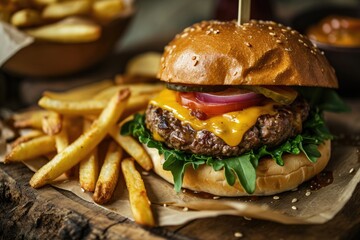 Classic Comfort: Indulge in the Timeless Pleasure of a Cheeseburger with Fries, Featuring a Juicy Beef Patty, Melted Cheese, Fresh Lettuce, Tomato, and Crispy Golden Potatoes - A Tasty American Meal.
