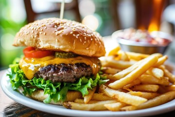Classic Comfort: Indulge in the Timeless Pleasure of a Cheeseburger with Fries, Featuring a Juicy Beef Patty, Melted Cheese, Fresh Lettuce, Tomato, and Crispy Golden Potatoes - A Tasty American Meal.

