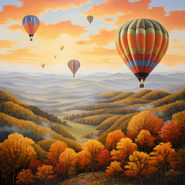 Hot air balloons drifting over rolling hills painted in autumn hues.