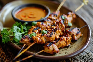 Savor the Southeast: Chicken Satay with Peanut Sauce, a Popular Grilled Appetizer Bursting with Delicious and Flavorful Indonesian and Thai Culinary Influences.

