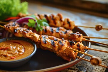 Savor the Southeast: Chicken Satay with Peanut Sauce, a Popular Grilled Appetizer Bursting with Delicious and Flavorful Indonesian and Thai Culinary Influences.

