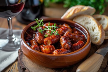 A Taste of Spain: Chorizo in Wine - An Ode to Spanish Culinary Excellence, Where Succulent Sausage Meets the Richness of Red Wine in a Dish Bursting with Authentic Flavor.

