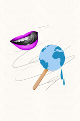 Vertical collage picture lips tongue toothy smile lick ice cream planet earth world day warning...