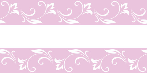 Vintage delicate frame, border of stylized leaves, flowers and curls in white lines on pink background. Horizontal top and bottom edging, decoration. Vector backdrop, wallpaper