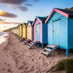 Row of beach huts in pastel colors along a sandy shoreline.