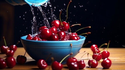 Ripe wet sweet cherries are poured out of the blue bowl on wooden background. Generative AI - obrazy, fototapety, plakaty