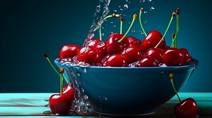 Ripe wet sweet cherries are poured out of the blue bowl on wooden background. Generative AI - obrazy, fototapety, plakaty