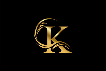 Gold letter K logo design with beautiful leaf, flower and feather ornaments. initial letter K. monogram K flourish. suitable for logos for boutiques, businesses, companies, beauty, offices, spas, etc