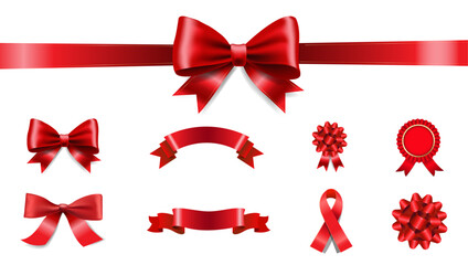 Red Ribbon Bow Realistic shiny satin with shadow horizontal ribbon for decorating your wedding invitation card, greeting card, or gift boxes - obrazy, fototapety, plakaty