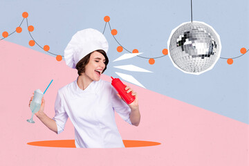 Collage picture creative photo young cheerful singing chief woman cooker discoball party event...