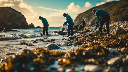 Fotobehang Ocean Cleanup Crew:  A team of dedicated individuals collecting plastic waste from a beach, highlighting the ongoing efforts to protect marine ecosystems © Наталья Евтехова