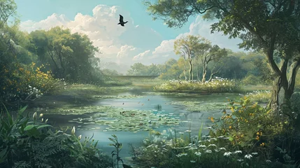 Poster Wetland Wonderland:  A serene wetland landscape teeming with diverse flora and fauna, emphasizing the importance of preserving natural habitats © Наталья Евтехова