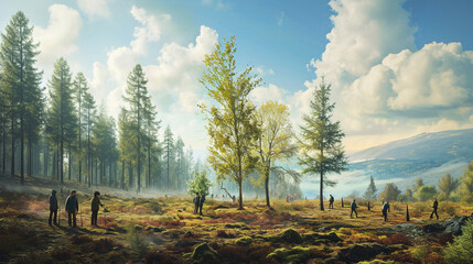 Reforestation Reverie:  A panoramic view of volunteers planting trees in a deforested area, ushering in a hopeful vision of reforestation and environmental renewal - obrazy, fototapety, plakaty