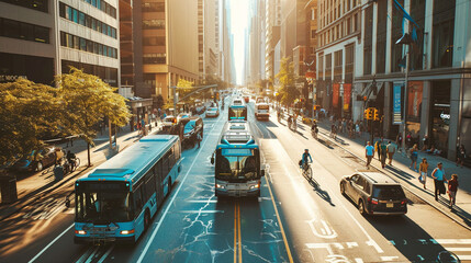 Eco-friendly Transportation:  A bustling city street with electric buses, bicycles, and pedestrians, illustrating sustainable transportation choices for a greener future - obrazy, fototapety, plakaty