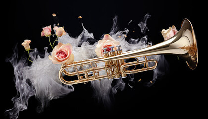 Brass Trumpet on Dark Background with  jazz smoke in studio