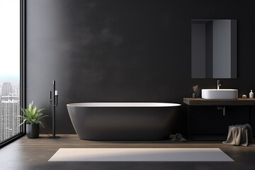 3d rendered Minimal style black theme Modern bathroom interior design with bathtub