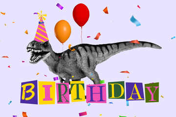 Creative collage picture huge ancient dinosaur monster birthday celebration festive hat balloons...