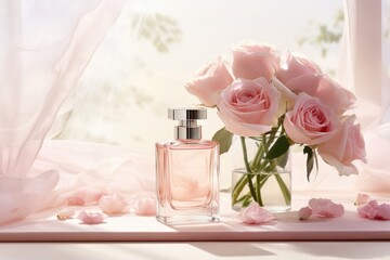 Elegance in a Bottle: Eau de Toilette with Pink Roses on a White Background - A Fragrance of Sublime Beauty and Romantic Aesthetics, Capturing the Essence of Feminine Glamour.