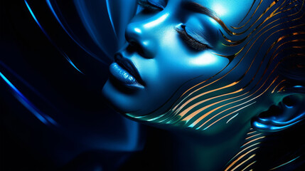 girl with abstract drawing on her face illuminated by light on blue background