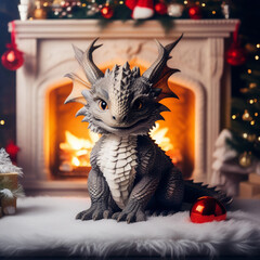 White dragon against the background of New Year's decorations. Year of the Dragon 2024