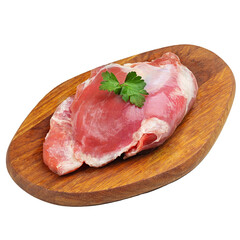 Turkey meat, fillet, raw fresh, on a wooden board, on a white background
