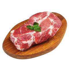 Pork meat, neck, fillet, raw fresh, on a wooden board, on a white background
