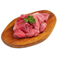 Beef meat, goulash, raw fresh slices, on a wooden board, on a white background