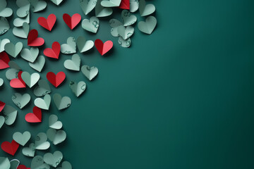 Felicitación de San Valentín: Recortes de corazones de papel de colores sobre fondo verde liso. - obrazy, fototapety, plakaty