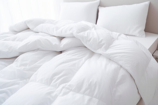 Imagen de cama desecha con edredón nórdico blanco de invierno.