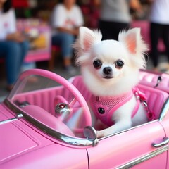 chihuahua puppy in a car - obrazy, fototapety, plakaty