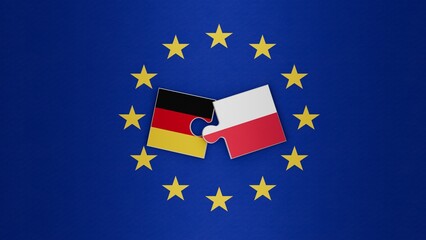 Flags of Germany and Poland on a EU flag background. Concept of dialogue and hard relations between Germany and Poland.