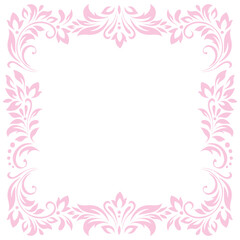 Fototapeta na wymiar Square vintage frame, border of pink stylized leaves, flowers and curls on white background. Vector delicate backdrop, wallpaper