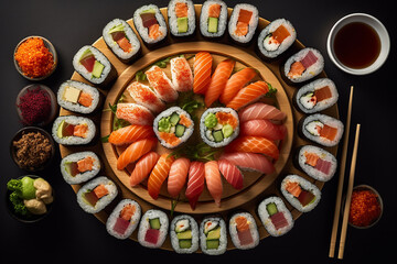 Assorted Sushi Rolls on a Wooden Table, Top-down Shot, created with Generative AI