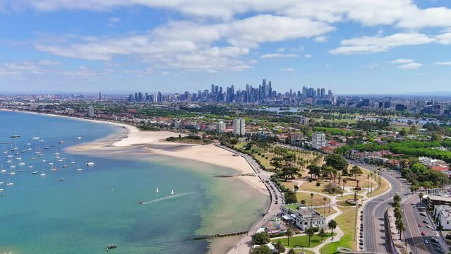 Melbourne, Australia: Aerial view of Albert Park with Albert Park Lake in capital city of Victoria, skyscraper skyline of Melbourne central business district (CBD) in background