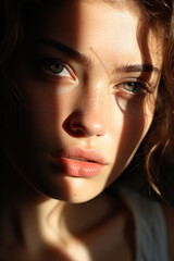 Fototapeta premium Extreme close up of a caucasian woman with striking Blue eyes and pouty lips. Face of beautiful caucasian woman. interplay of light and shadow. Dramatic composition. High quality photo
