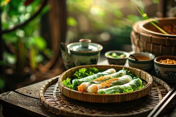 Goi Cuon Delight: Fresh Vietnamese Spring Rolls - A Culinary Symphony of Shrimp, Herbs, and Vermicelli Wrapped in Rice Paper, Perfectly Executing the Art of Authentic Asian Street Food.

 - obrazy, fototapety, plakaty