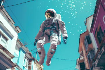 astronaut floating over a city. Generative Ai