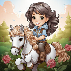A little girl riding a white horse in a field of roses, in the style of 2d game art