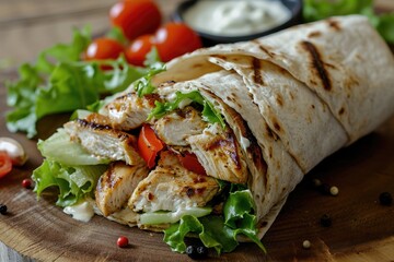 Culinary Bliss in a Wrap: Grilled Chicken Wrapped in a Soft Tortilla with Fresh Vegetables - A Healthy and Flavorful Meal Offering a Perfect Blend of Savory Goodness and Crunch.

