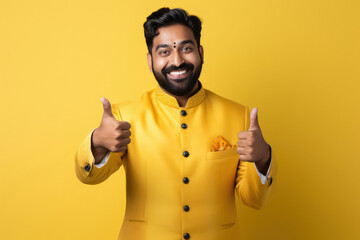 young indian man showing thumbs up on yellow background