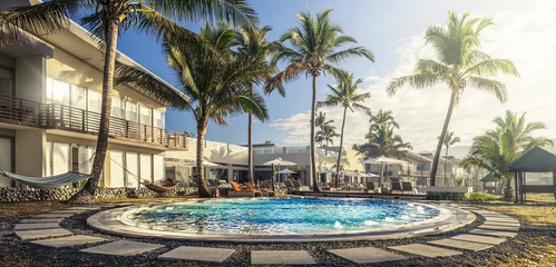 Fotobehang Panoramic View at Swiming-Pool inside a Luxury Sub-Tropical Resort by Morning Light © 4th Life Photography