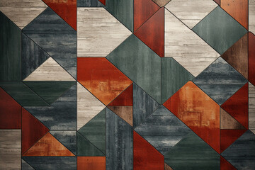 modern geometric wall edging pattern rug, in the style of glazed surfaces, rustic texture, light red and dark emerald, detailed crosshatching, metallic finishes, colorful woodcarvings, texture-rich ca - obrazy, fototapety, plakaty