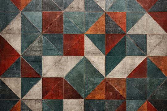 modern geometric wall edging pattern rug, in the style of glazed surfaces, rustic texture, light red and dark emerald, detailed crosshatching, metallic finishes, colorful woodcarvings, texture-rich ca