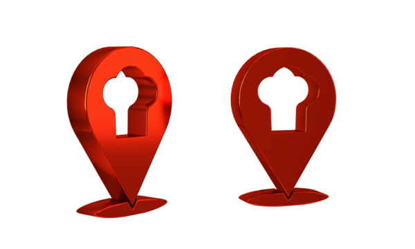 Red Chef hat with location icon isolated on transparent background. Cooking symbol. Cooks hat.